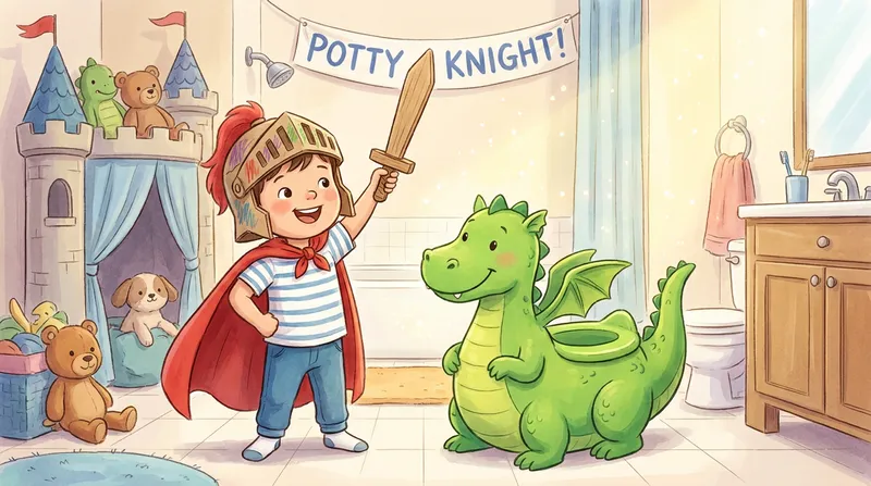 Whimsical illustration of a proud 3-year-old toddler dressed as a brave knight standing next to a friendly green dragon training potty in a castle-themed bathroom.