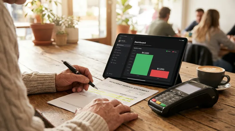 Cafe owner reviewing merchant fee statement beside an iPad POS and EFTPOS terminal.