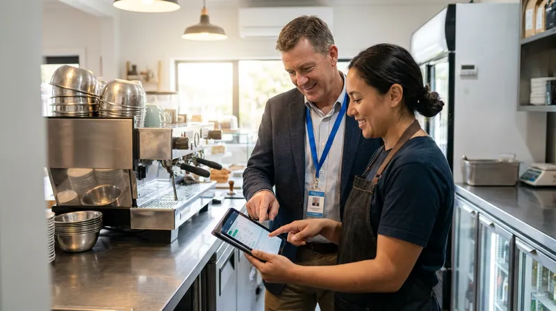 Food safety verifier and cafe owner reviewing an NZ Food Control Plan audit checklist on a tablet in a commercial kitchen.