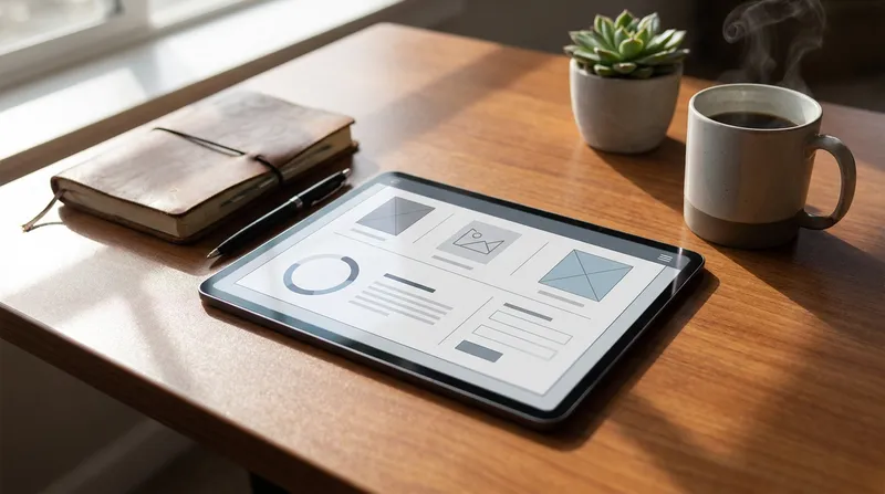 A modern tablet displaying a digital resume template on a sunlit wooden desk beside an open notebook, pen, coffee mug, and succulent.