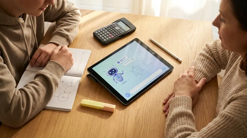 A high school student and parent using an interactive AI math tutor on a tablet with study notes and a calculator on a desk.