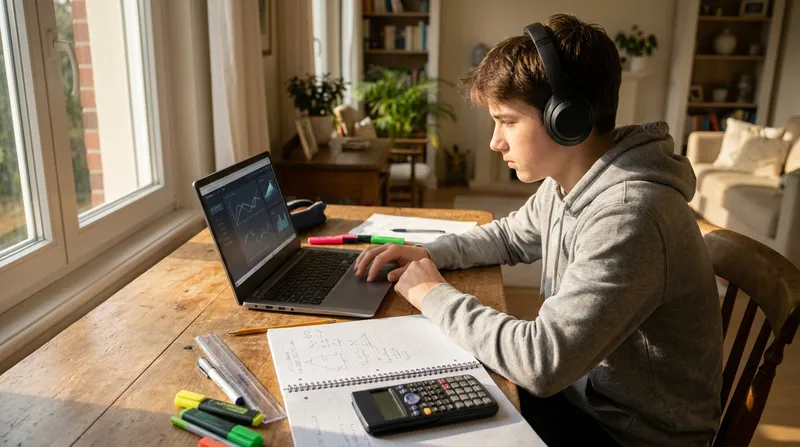High school student studying for NCEA numeracy using an AI math tutor on a laptop at a sunlit desk.