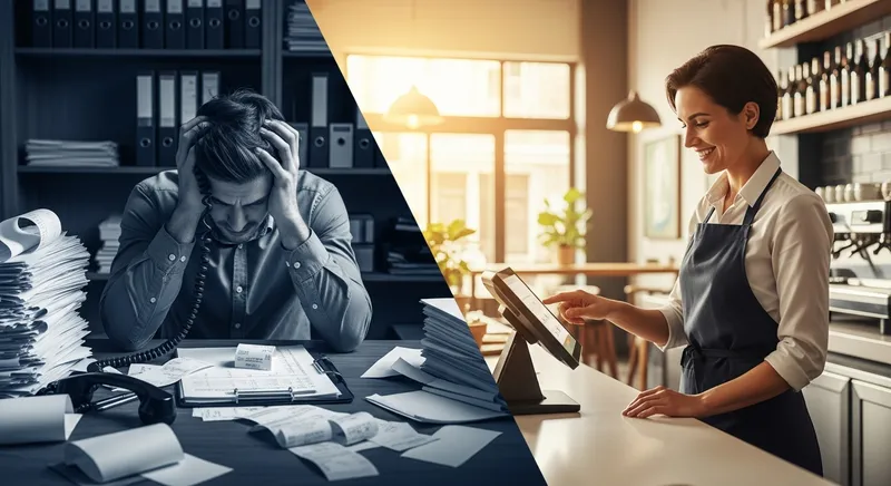 A split-screen showing a frustrated NZ cafe owner with paperwork versus a confident owner using the Lazygrid POS system.