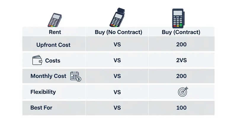 An infographic comparing renting vs. buying an EFTPOS machine in NZ, showing that renting has low upfront cost but high long-term cost and low flexibility, while buying has a high upfront cost but lower long-term cost and high flexibility.