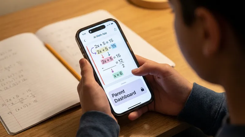 A parent monitoring their child's math progress using the Tutor AI Parent Dashboard app, with a homework notebook in the background.