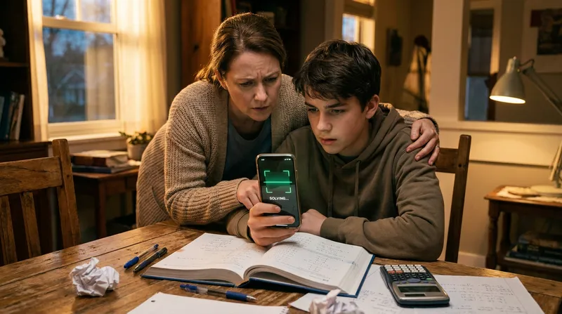 A concerned mother watches her teenage son use a smartphone app to scan and solve equations in a math textbook at a dining table.