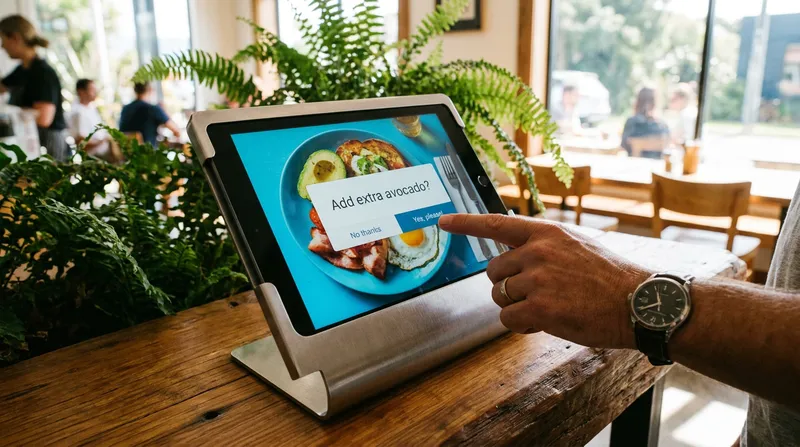 Customer using a Lazygrid iPad self-ordering kiosk at a New Zealand cafe counter displaying a digital menu.