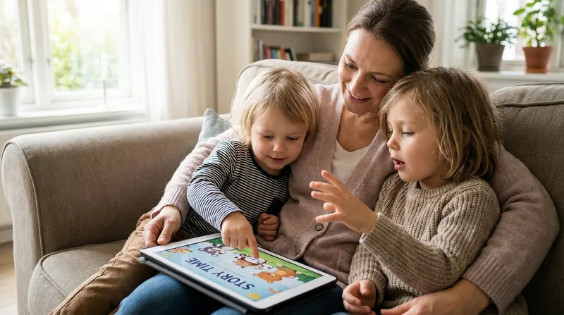 A warm, candid photograph shows a smiling parent on a sofa, holding a tablet, flanked by two young children (4-8 years old) snuggled close. Their faces show wonder and joy as they engage with a vibrant storytelling app on the screen. One child points enthusiastically, while the other gestures excitedly, their hands close, symbolizing shared imaginative play and connection in a cozy, brightly lit home.
