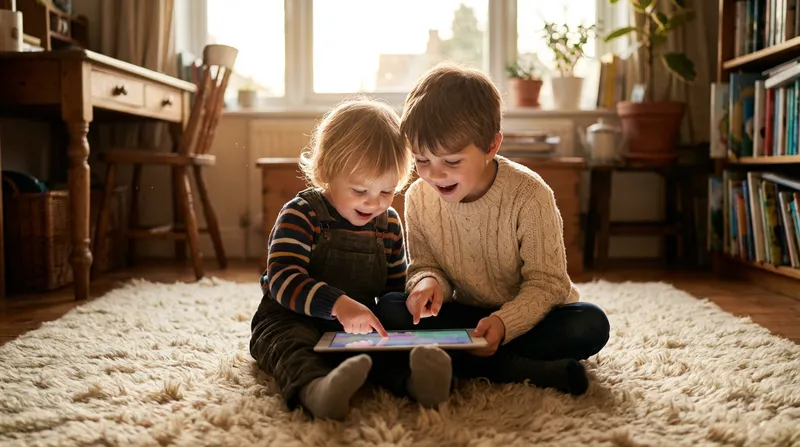 Two young siblings, a 4-year-old and a 7-year-old, sit closely on a cream rug in a sunlit living room, their faces illuminated by a tablet as they share a story with wide-eyed wonder and shared delight.