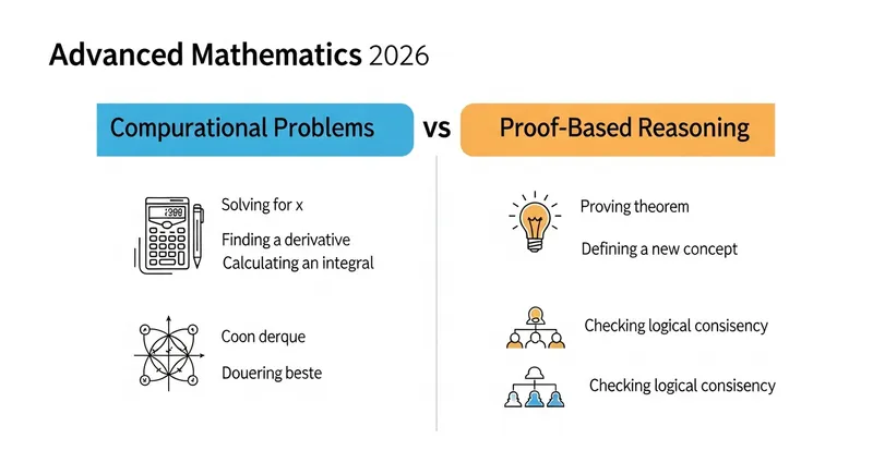 A minimalist vector infographic titled "Advanced Mathematics 2026" comparing "Computational Problems" and "Proof-Based Reasoning." The left column (blue) lists computational examples: solving for x, finding a derivative, and calculating an integral. The right column (amber) lists proof-based examples: proving a theorem, defining a new concept, and checking logical consistency.