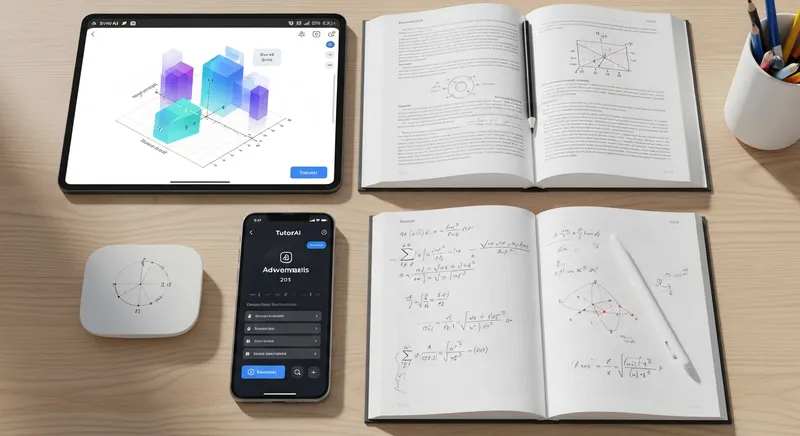 An ultra-modern university student workspace featuring a smartphone with the TutorAI app, a tablet displaying 3D calculus graphs, and advanced mathematics textbooks under bright natural light.