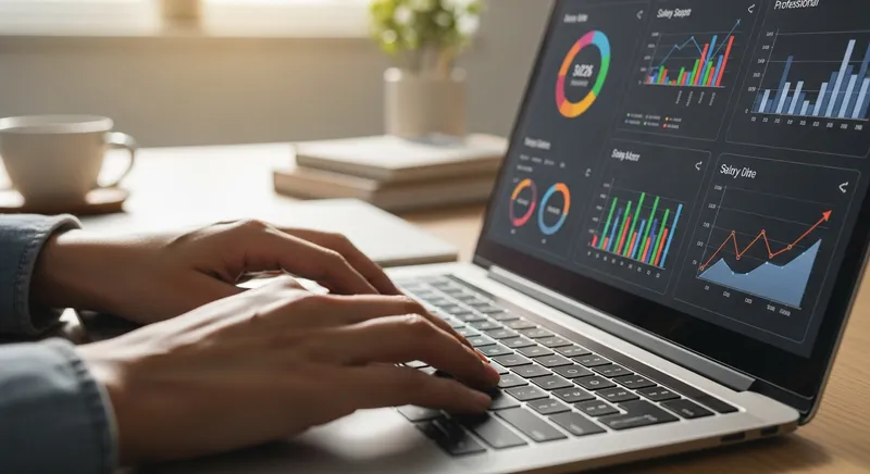 Close-up of a professional typing on a laptop displaying salary trend graphs and data visualizations in a modern, sun-drenched workspace.