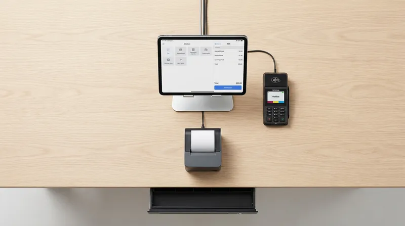 Sleek, modern point-of-sale (POS) system components arranged in a flat-lay on a light natural wood table. Includes an iPad on a brushed metal stand, a compact wireless EFTPOS terminal, a thermal receipt printer, and a low-profile cash drawer, highlighting efficiency and minimalist design.