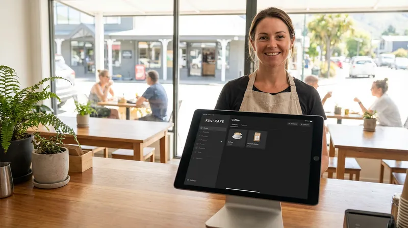 A friendly New Zealand cafe owner smiles behind a polished wooden counter, with a sleek, modern iPad POS system prominently displayed in the foreground showing a modern sales interface. The bright, inviting cafe is softly blurred in the background.