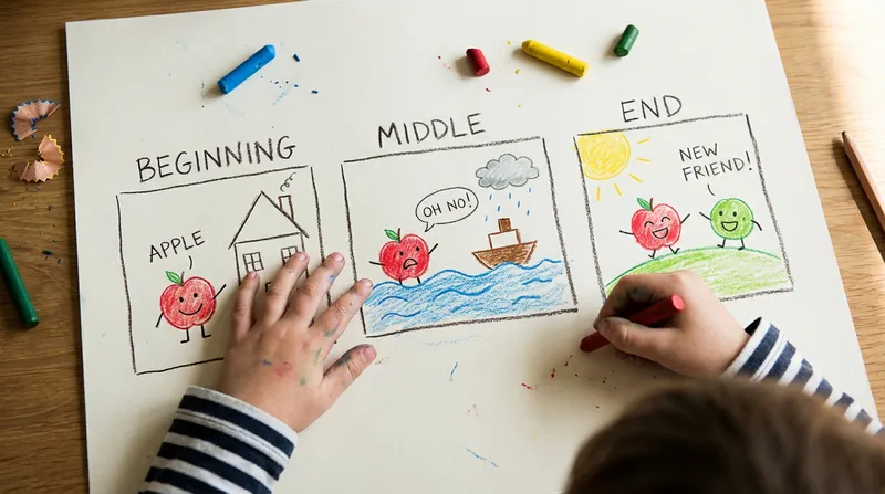 Close-up of a child's hands using crayons to draw a story map with 'Beginning,' 'Middle,' and 'End' sections, illustrating early visual storytelling.
