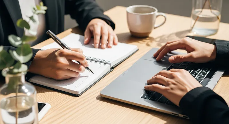 Close-up of a professional's hands writing in a planner and using a laptop on a sunlit oak desk, symbolizing a confident career relaunch and return to work.
