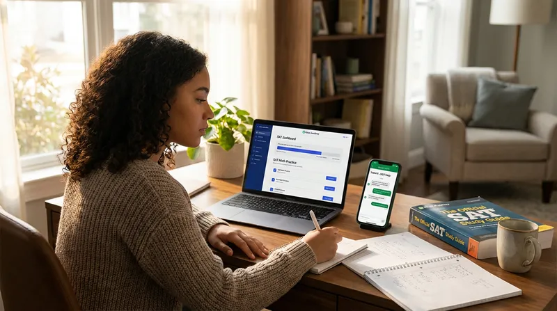 A high school student studies for the SAT with a laptop showing Khan Academy and a phone showing an AI tutor app.
