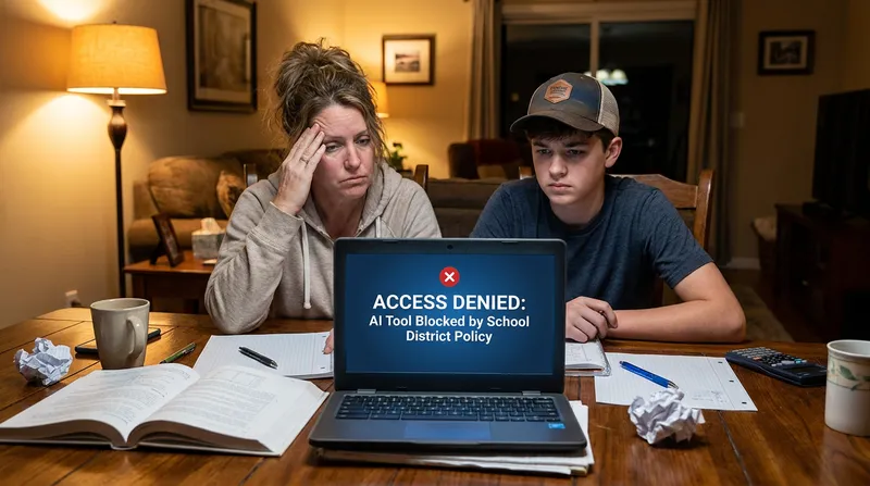 Student on school Chromebook seeing AI tool blocked error message while doing homework.