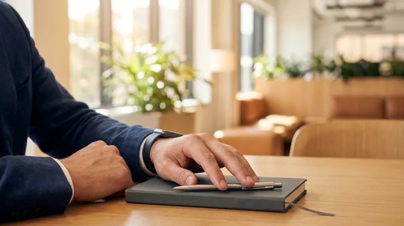 A prepared job candidate's hands resting on a notebook during an interview in a bright, modern Australian office.