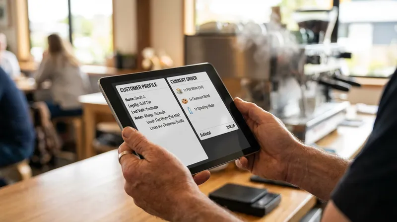 A cafe owner using a tablet POS showing a detailed customer profile and order.
