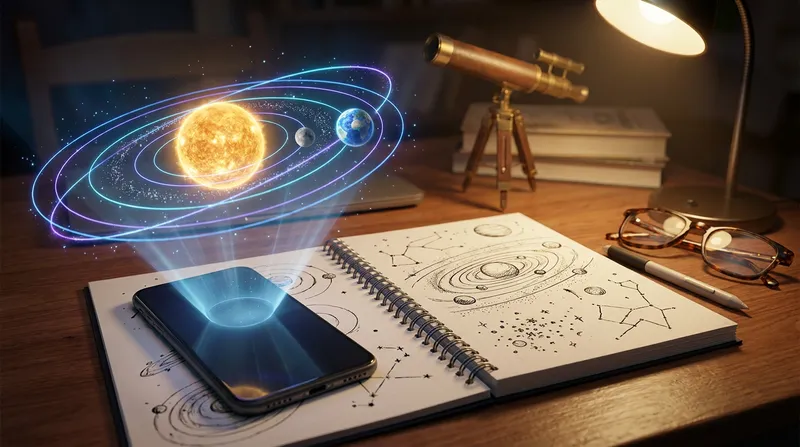 Smartphone projecting a glowing 3D holographic solar system beside an astronomy notebook, illustrating an AI space science tutor on a study desk.