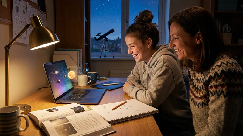 A high school student and parent smiling at a laptop displaying an interactive 3D planetary orbit model for astronomy homework.