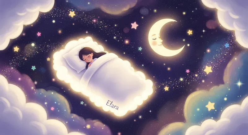 Whimsical storybook illustration of a young girl named Elara sleeping peacefully in a glowing cloud-bed floating through a magical cosmos with a friendly crescent moon and shimmering pastel nebulae.