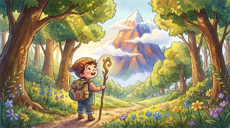 A whimsical children's book illustration of a young child with a backpack and a glowing walking stick embarking on a magical mountain adventure through a sunlit forest.