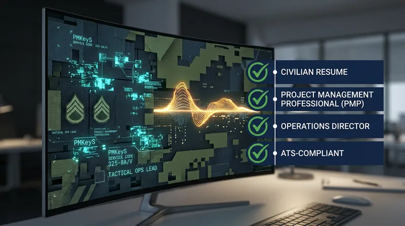 JobSparrow AI CV builder interface showing Australian Defence Force military ranks translated into an ATS-compliant civilian resume.