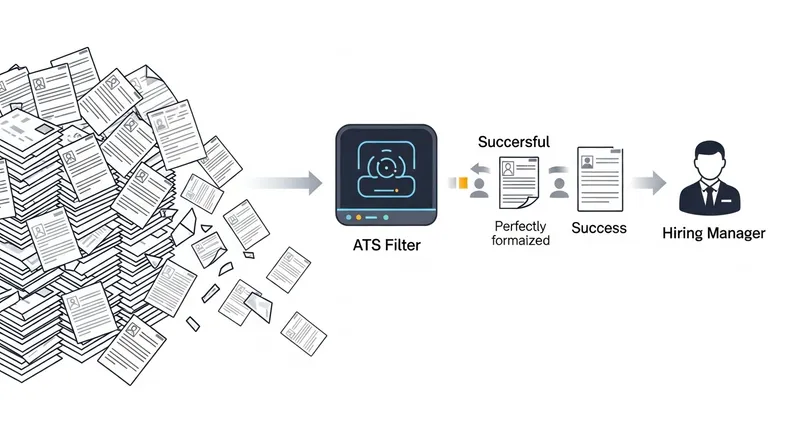 A clean, minimalist infographic illustrating the modern Australian job application process in 2026, showing a large volume of digital resumes (like from SEEK) entering a sleek 'ATS Filter' icon. Most resumes are rejected, while a small stream of optimized, perfectly formatted resumes passes seamlessly to a hiring manager, highlighted with a vibrant accent color. The design is clean, minimalist, and futuristic with cool blues and grays.