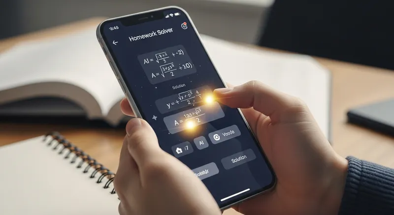 Close-up of a student holding a modern smartphone displaying a minimalist AI homework solver interface that shows a step-by-step algebra solution in a brightly lit study environment.