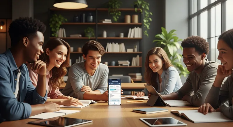 A diverse group of high school students collaborating in a modern, sun-drenched study lounge while using an AI tutor app on a smartphone in 2026.