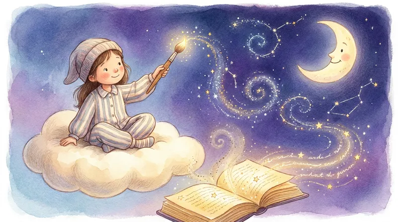 Whimsical illustration of a child on a cloud painting stars above a glowing storybook, representing a personalized AI bedtime story.
