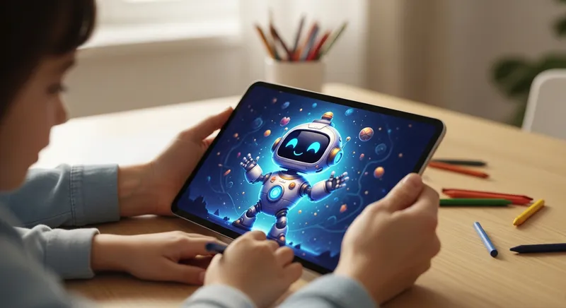 A close-up of a parent and child's hands holding a tablet displaying a friendly, AI-generated robot from the Dreamcraft Tale app.