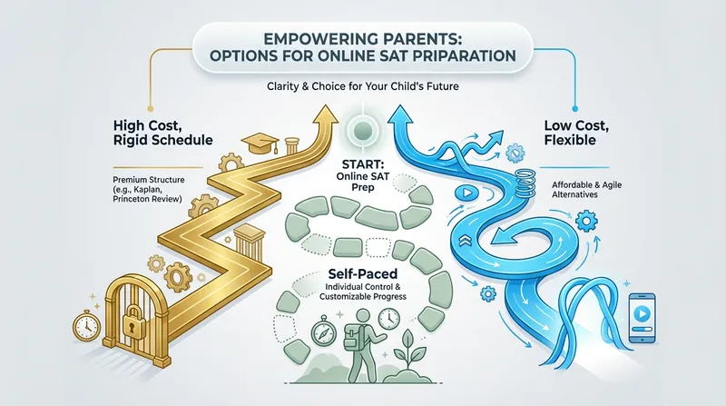 Modern infographic illustrating three branching paths for online SAT prep options. A thick, opulent gold line labeled "High Cost, Rigid Schedule" represents premium services like Kaplan or Princeton Review. A nimble, vibrant blue line labeled "Low Cost, Flexible" signifies affordable, agile alternatives. A segmented soft green line labeled "Self-Paced" indicates customizable individual progress. The clean, minimalist design aims to visually empower parents with clear choices.