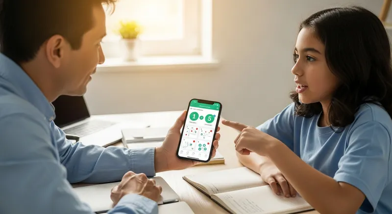 A parent and pre-teen child sitting at a sunlit desk, where the child confidently uses a homework app on a smartphone to explain a lesson to their supportive parent, illustrating collaborative and independent learning.