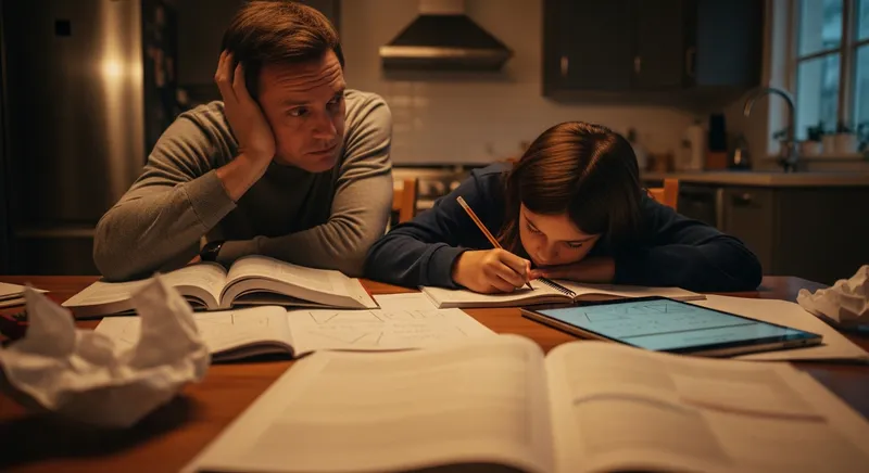 A frustrated parent and an overwhelmed middle-school student struggle with math homework at a cluttered kitchen table featuring textbooks and a glowing digital tablet.