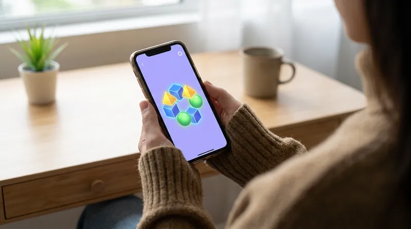 Student using a colorful, visual math learning app on a smartphone in a calm study space