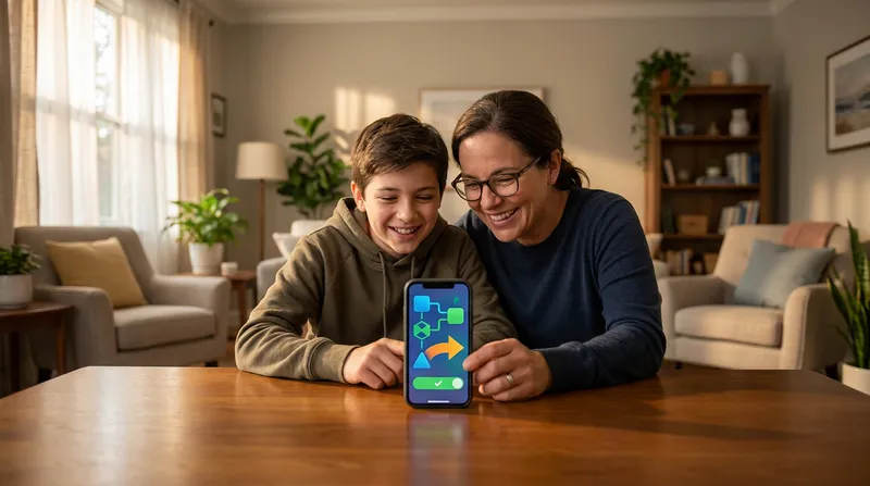 Parent and student smiling while using a visual AI math tutor app on a smartphone