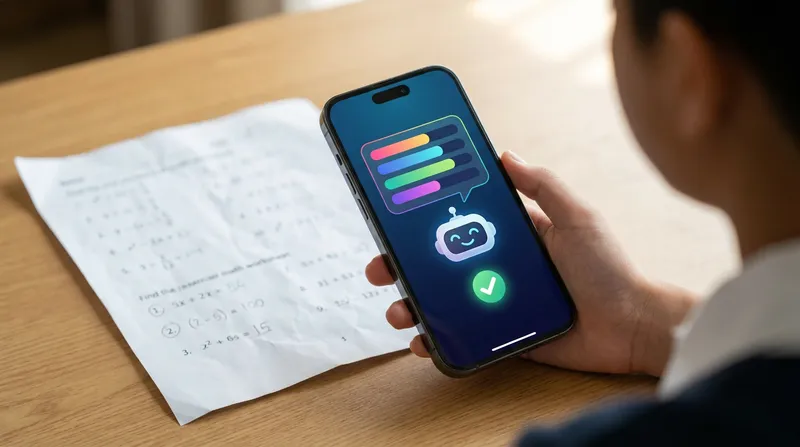 Student holding a smartphone displaying an AI tutor app with a math worksheet.