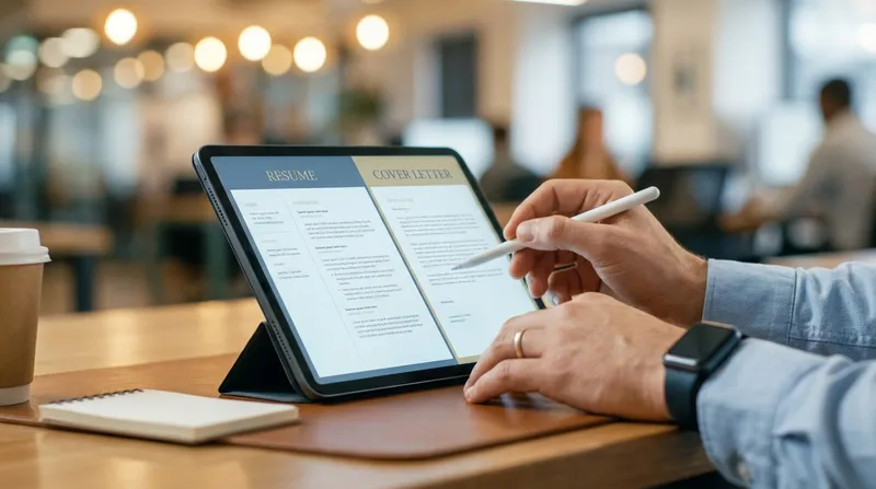 A recruiter's hands reviewing a matching, integrated resume and cover letter side-by-side on a tablet screen, showcasing consistent professional design.