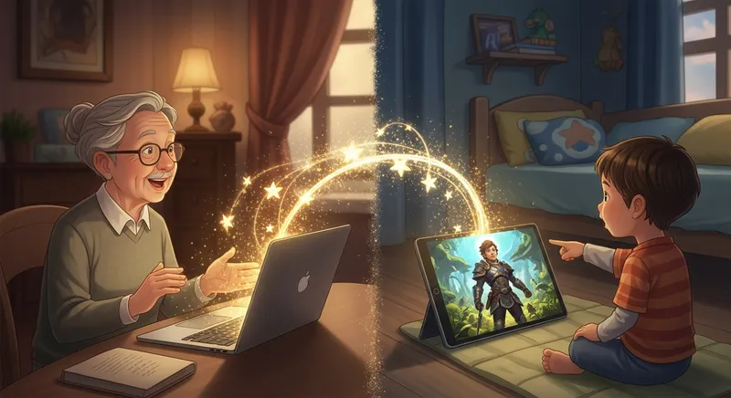 A split-screen whimsical illustration of a grandparent and grandchild connected by a magical golden stream of stardust flowing between a laptop and a tablet. On the child's screen, an enchanted fantasy world features a hero that mirrors their own appearance, bridging the distance through virtual storytelling.