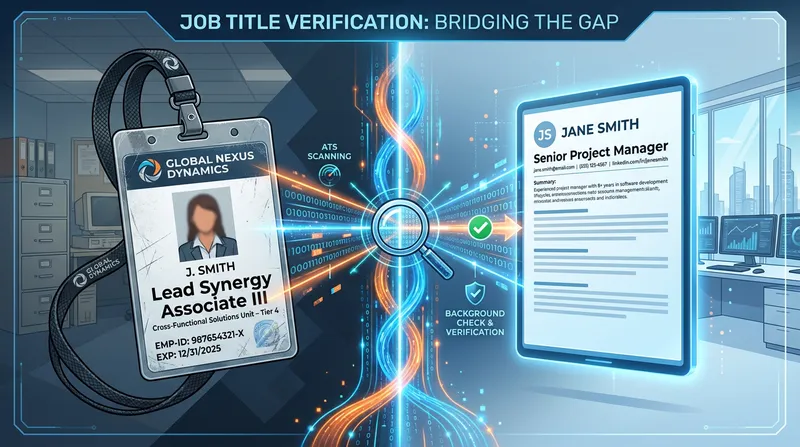 A split-screen graphic comparing an internal corporate ID badge with the title "Lead Synergy Associate III" to a clean resume header reading "Senior Project Manager," connected by a glowing digital scanning beam representing an ATS and background check verification process.