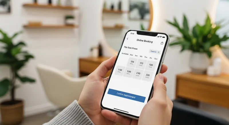 Close-up of a person using a minimalist online booking system on a smartphone to schedule an appointment in a modern New Zealand boutique salon.