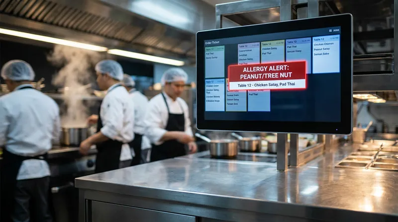 A digital Kitchen Display System (KDS) screen in a modern commercial kitchen displaying active orders, featuring a prominent red 'ALLERGY ALERT' warning banner on a ticket.