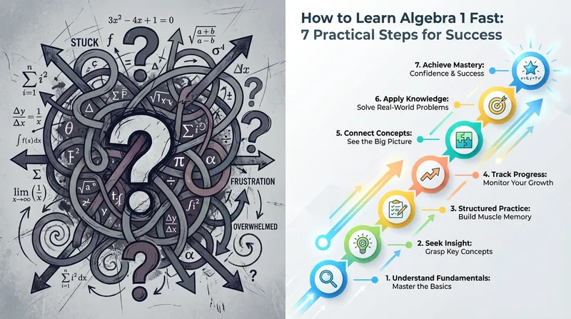 Infographic contrasting the chaos of algebra confusion with a clear 7-step path to success.