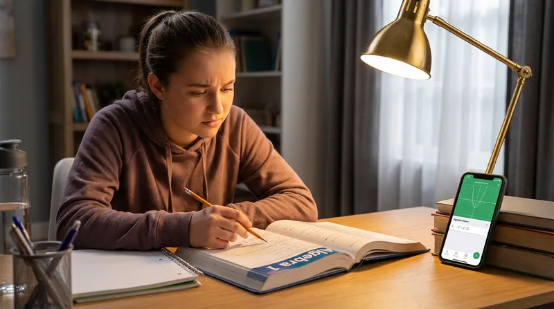 High school student studying Algebra 1 at a desk with a textbook and a smartphone study app.
