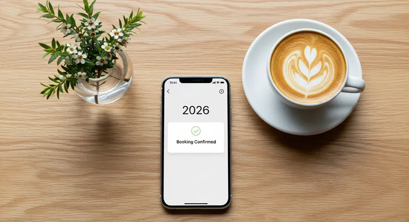 Top-down view of a smartphone displaying a 2026 restaurant booking confirmation interface next to a flat white coffee and Manuka blossoms on a light wood table, representing modern New Zealand hospitality technology.