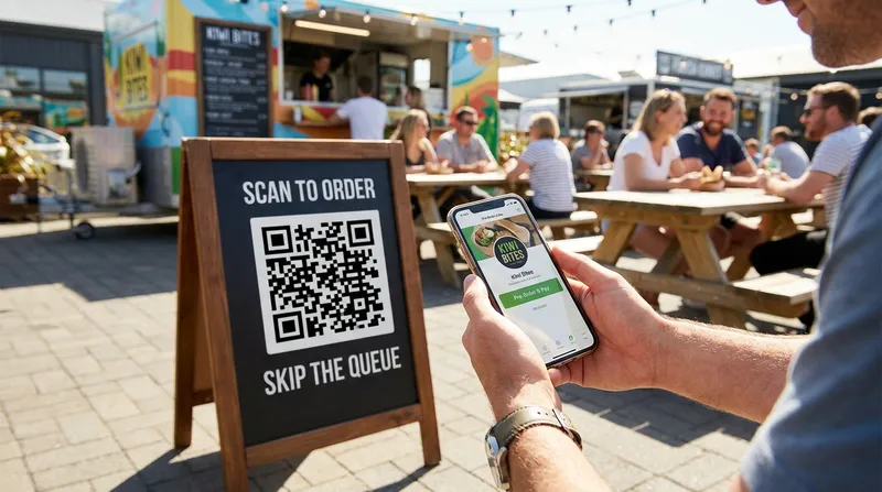 A customer scans a QR code on a wooden sign outside a New Zealand food truck to access a mobile pre-ordering and payment menu.