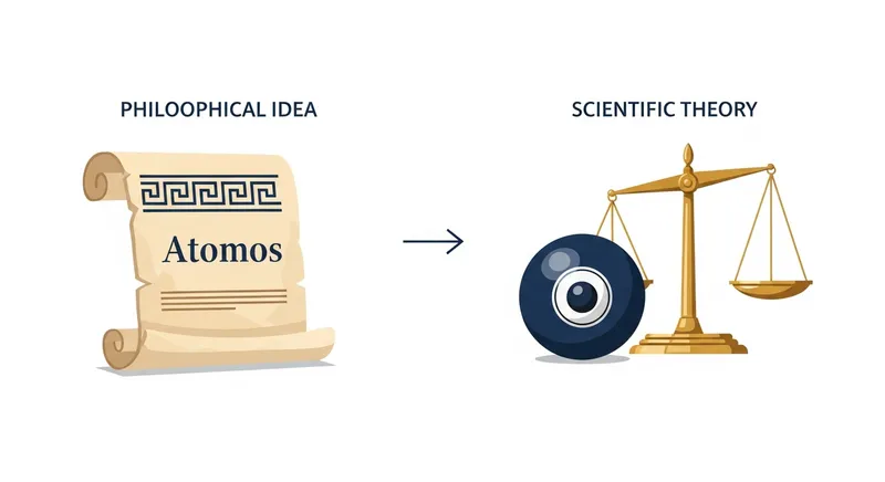 Minimalist infographic comparing the philosophical concept of "Atomos" on an ancient scroll to Dalton's scientific atomic theory, featuring a billiard ball model and a balance scale connected by a directional arrow.